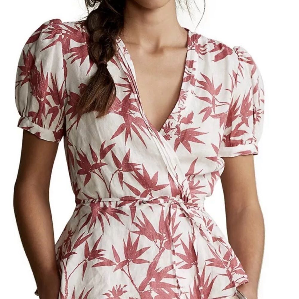 NWOT Polo Ralph Lauren Linen Floral Wrap Blouse in Red and White